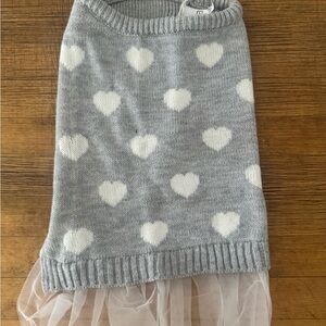 Gray Heart Dog Sweater Dress with White Hearts and Tulle Trim